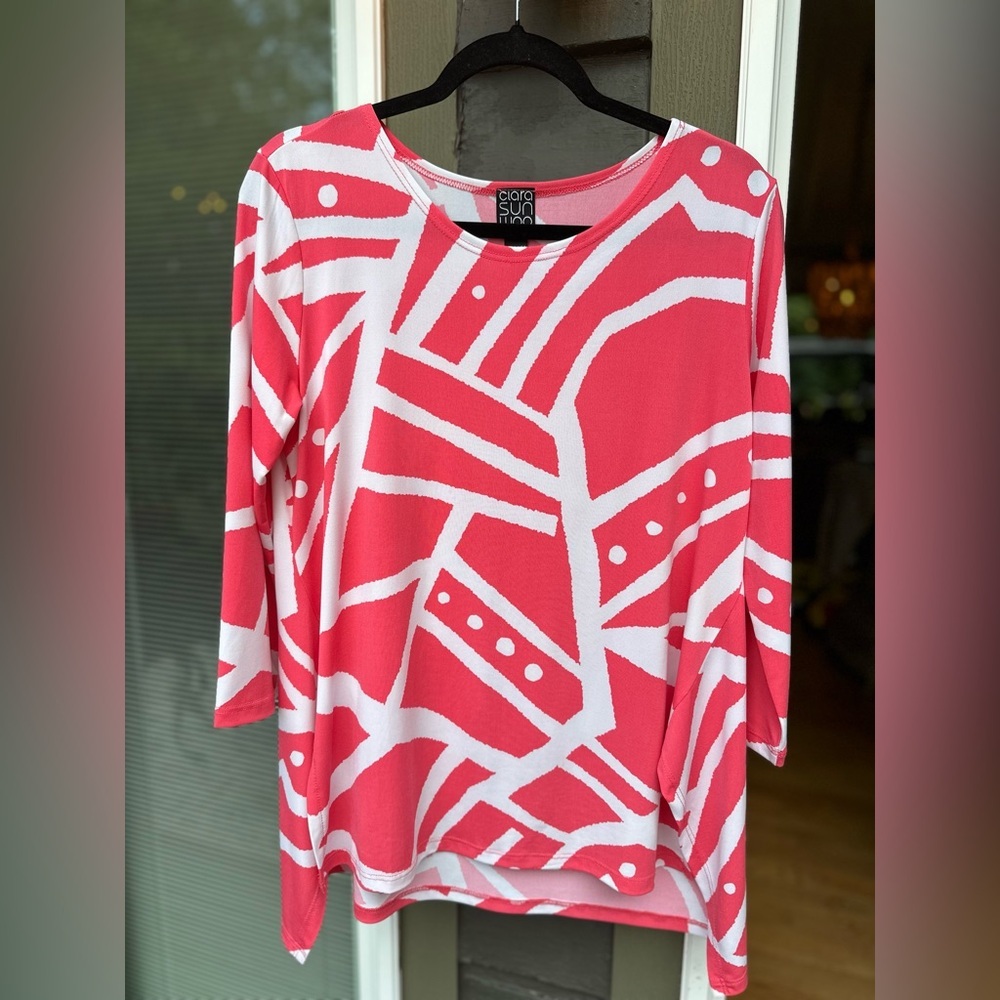CLARA SUNWOO Pink & White Abstract 3/4 Sleeve Tunic Top Women's M Made in USA